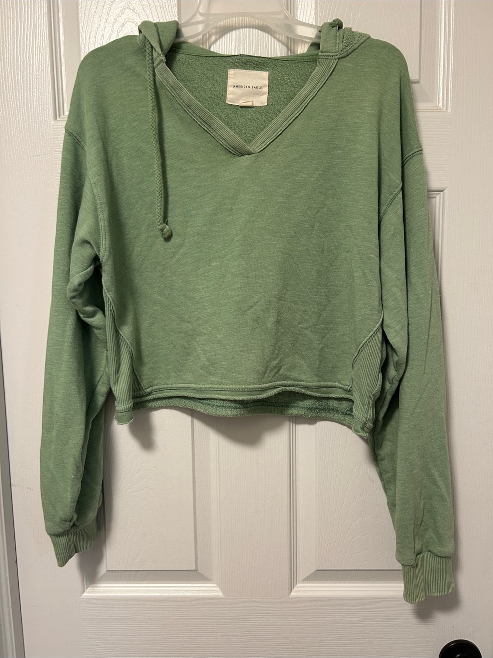 American Eagle Outfitters Light Sage Green V-Neck Cropped Hoodie